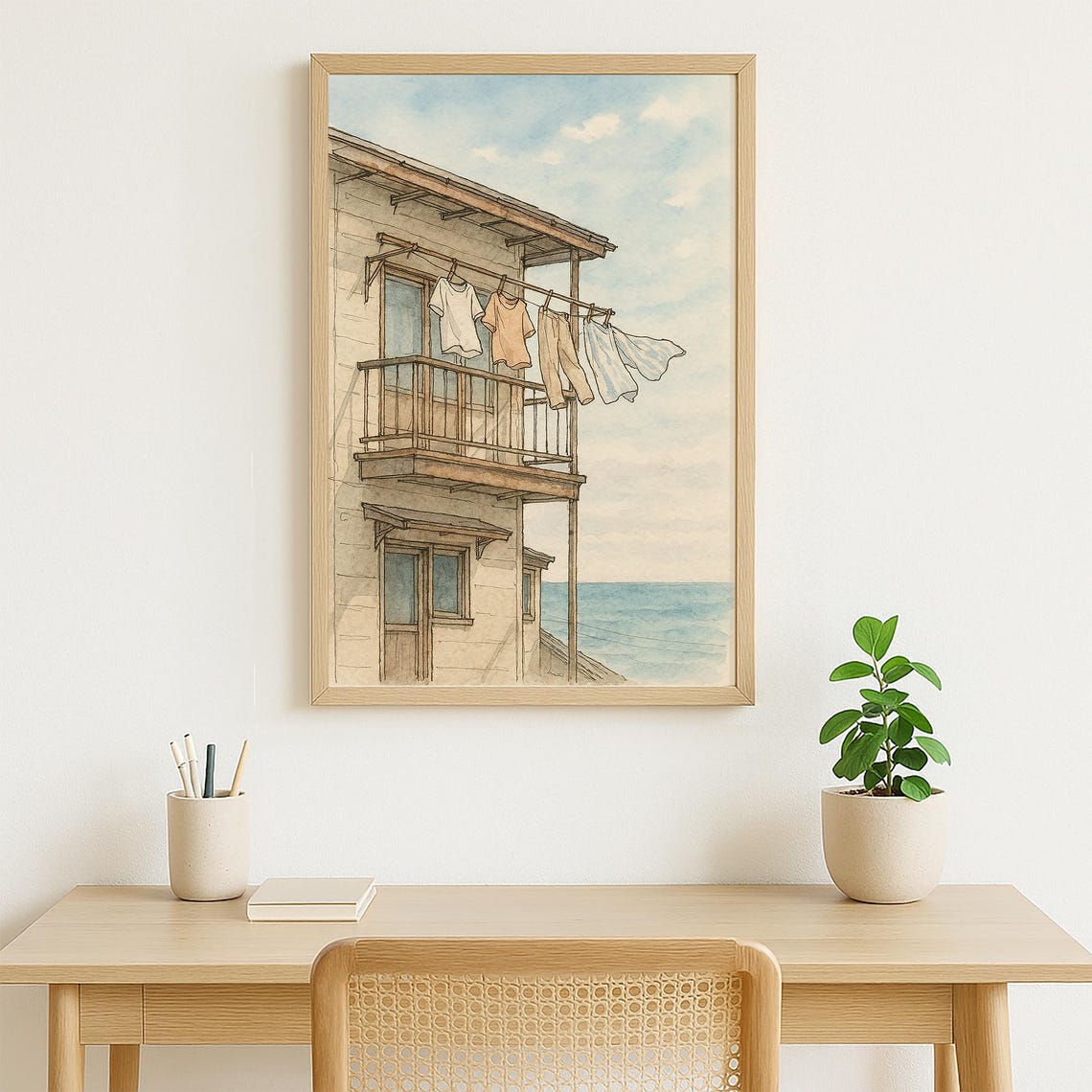Seaside Balcony With Laundry Drying in Ocean Breeze Watercolor Poster - Image 2