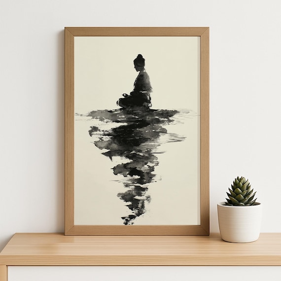 Ink Meditation Art Print Zen Brushstroke Silhouette Wall For Yoga Room Minimalist Reflection Poster Black White