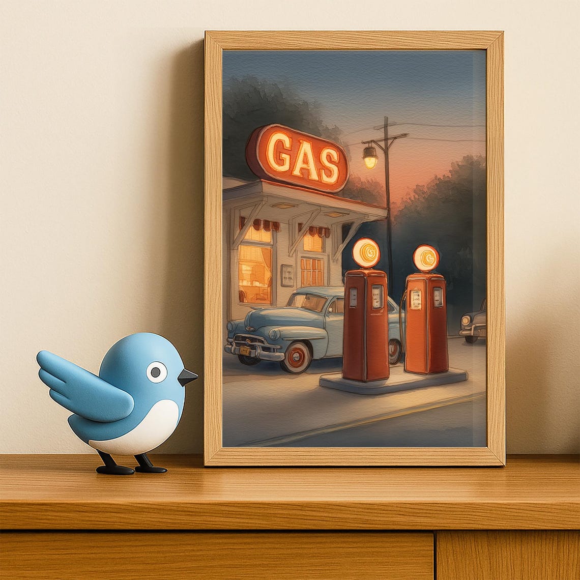 Vintage Gas Station At Dusk With Neon Sign Classic Car Retro Poster
