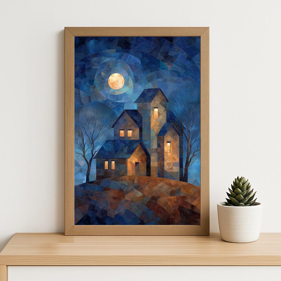 Moonlit Farmhouse Night Mosaic Blue Country Landscape Wall Art