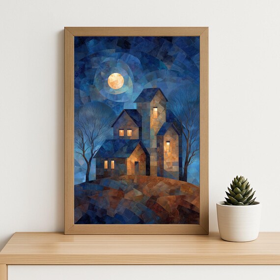 Countryside Farmhouse Moonlit Art Print Abstract Geometric Night Landscape Poster Rustic Home Wall Decor For Cozy Living Spaces