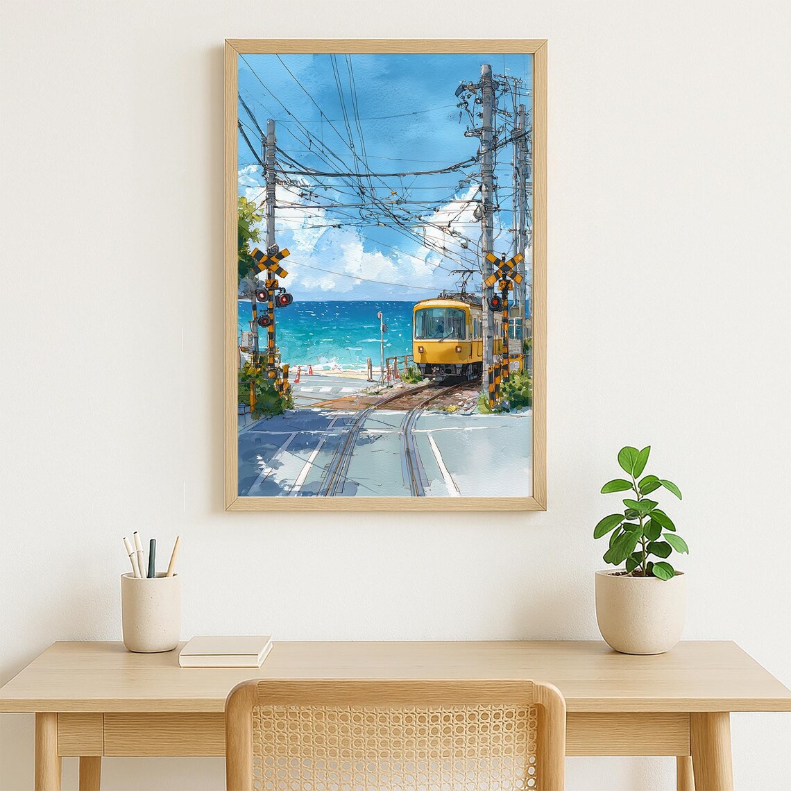 Japanese Seaside Train Crossing Ocean Anime Watercolor Art Poster - Image 4