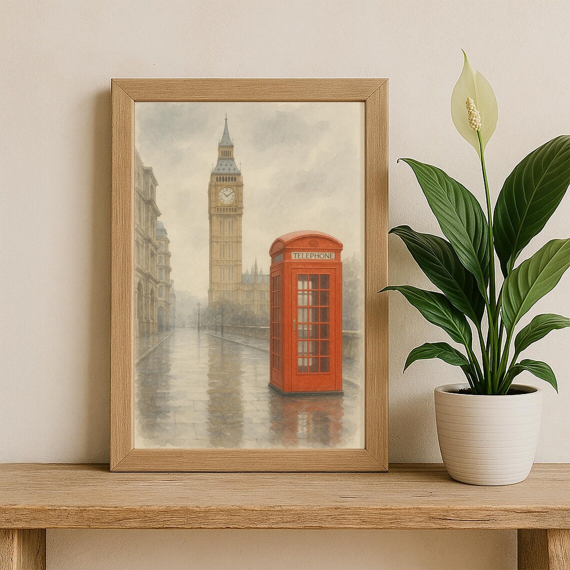 London Watercolor Art Print Big Ben And Red Telephone Booth Rainy Street Scene British Cityscape Wall Decor Uk Travel Poster - Image 3
