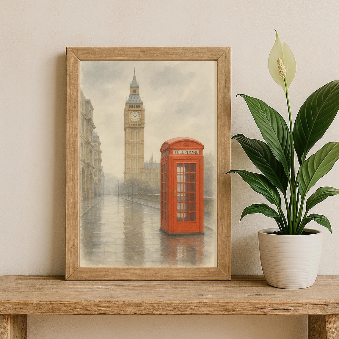 London Watercolor Big Ben Red Telephone Booth Rainy Street Poster - Image 3
