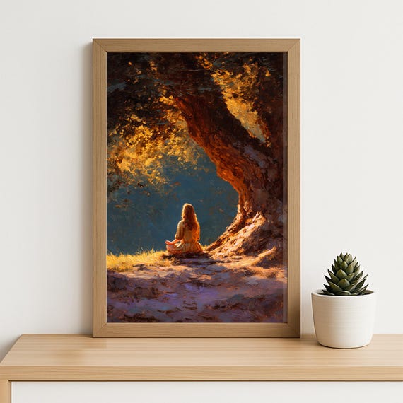 Golden Tree Meditation Woman At Sunset Calm Nature Painting Poster