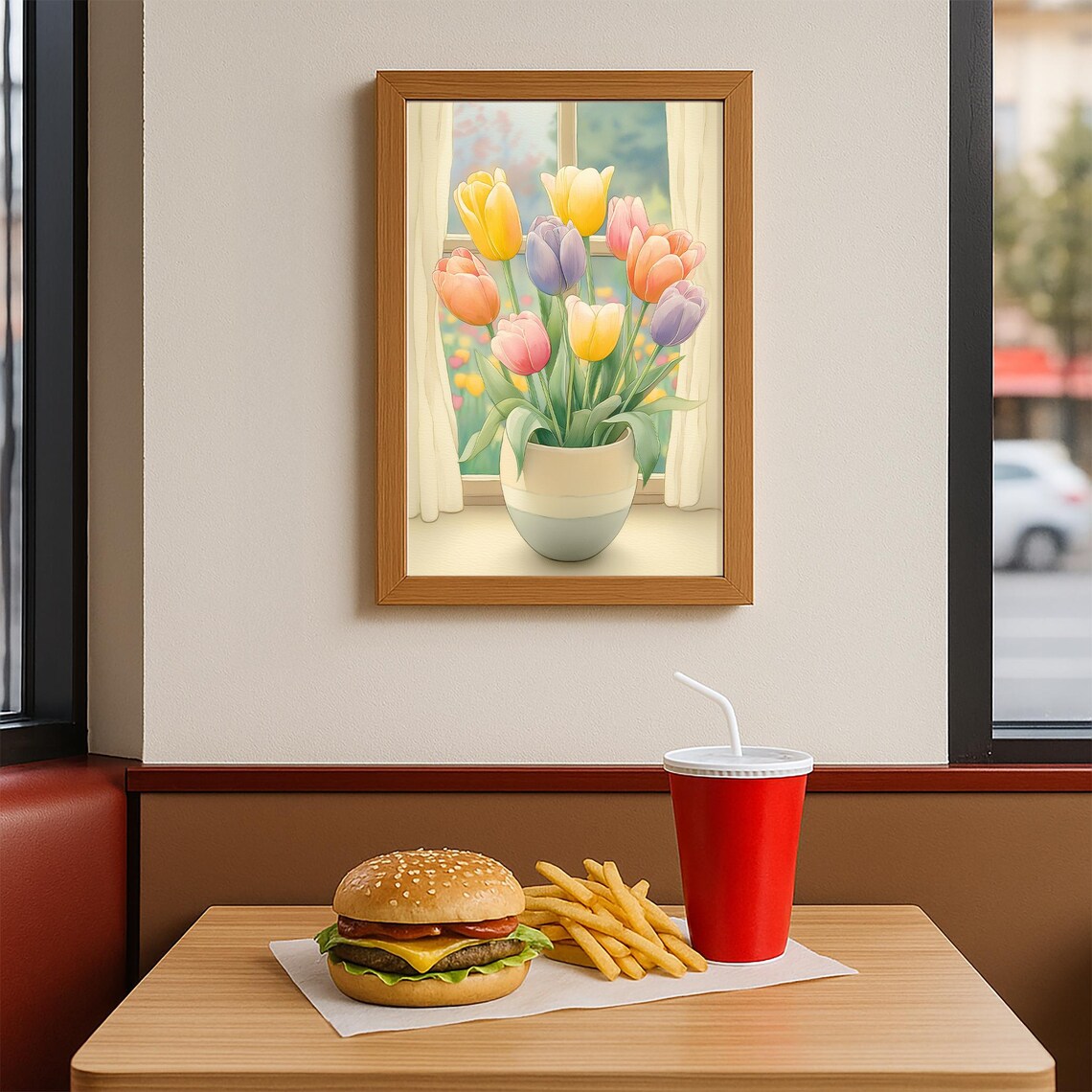 Pastel Tulips Bouquet In Ceramic Pot By Sunny Window Floral Poster - Image 2