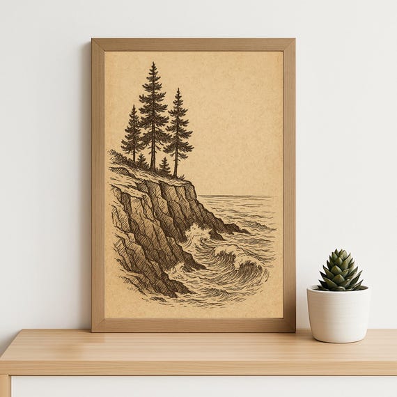 Vintage Cliff Pine Tree Illustration Print Coastal Line Art Drawing Rustic Ocean Wall Decor