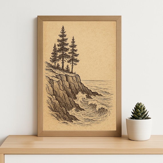 Vintage Pine Tree Cliff Line Art Poster with Ocean Waves and Rustic Style