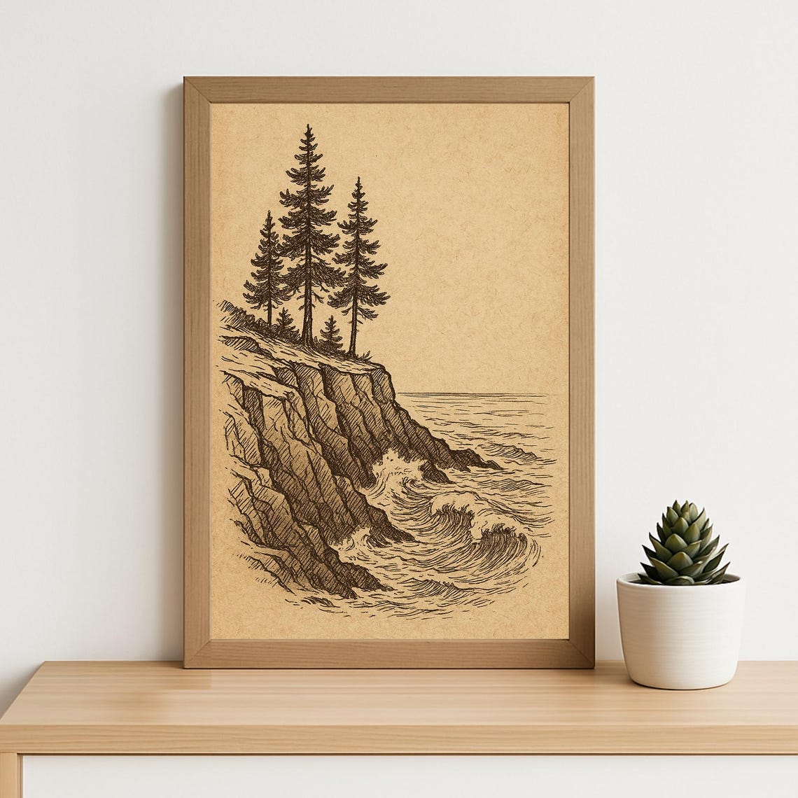 Vintage Cliff Pine Tree Illustration Print Coastal Line Art Drawing Rustic Ocean Wall Decor