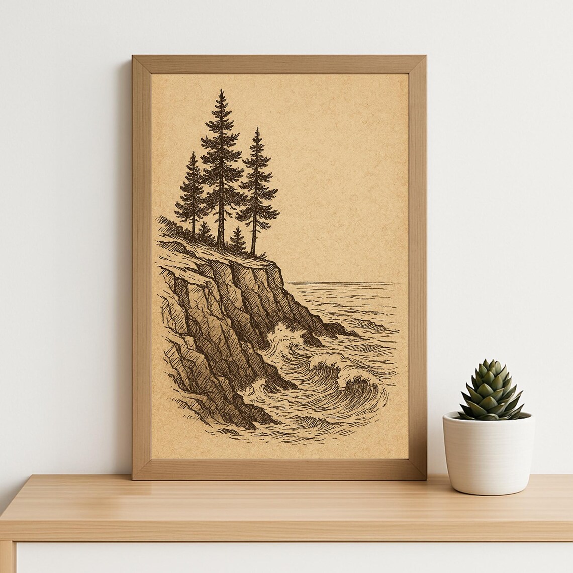 Vintage Pine Tree Cliff Line Art Poster with Ocean Waves and Rustic Style
