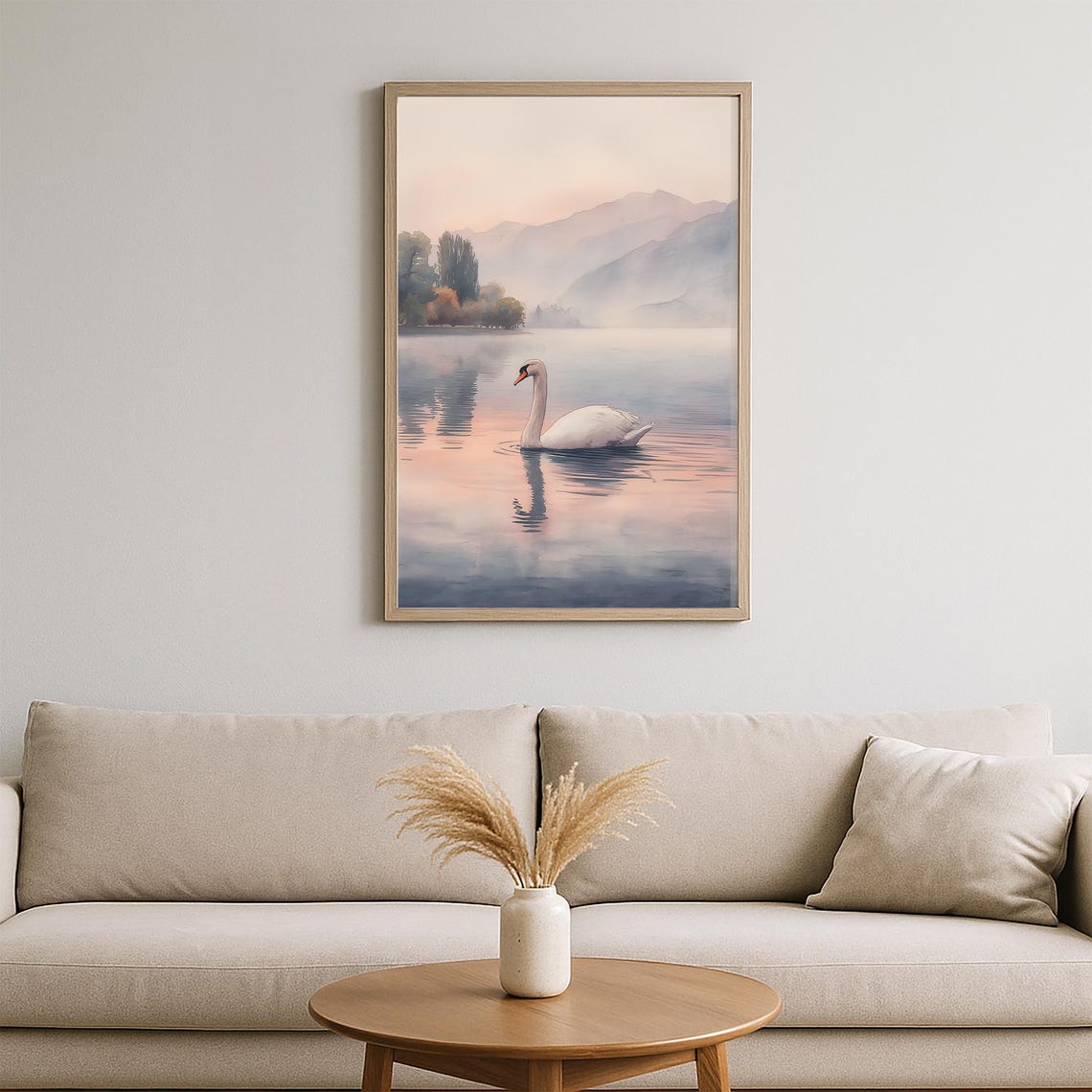 White Swan On Misty Lake At Sunrise Serene Mountain Watercolor Poster - Image 2