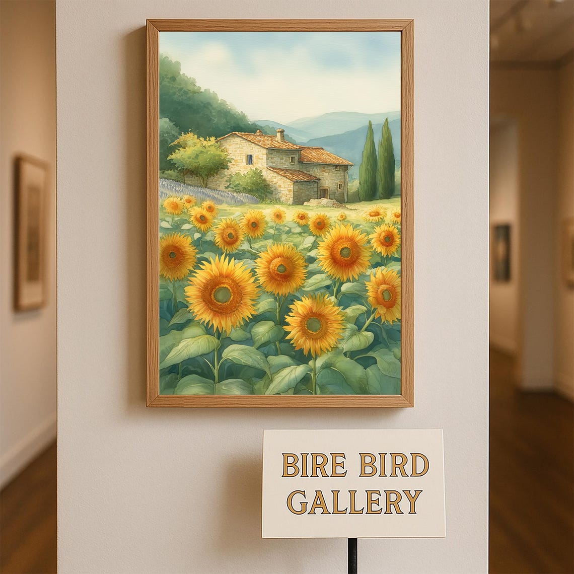 Sunflower Field With Rustic Stone Farmhouse Country Watercolor Poster