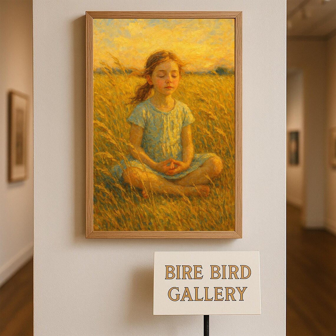 Meditation Girl Golden Wheat Field Sunset Oil Painting Poster