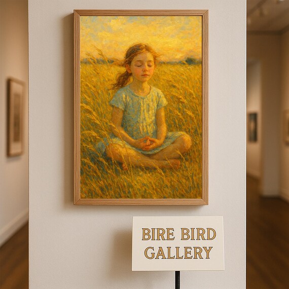 Meditation Girl Golden Wheat Field Sunset Oil Painting Poster