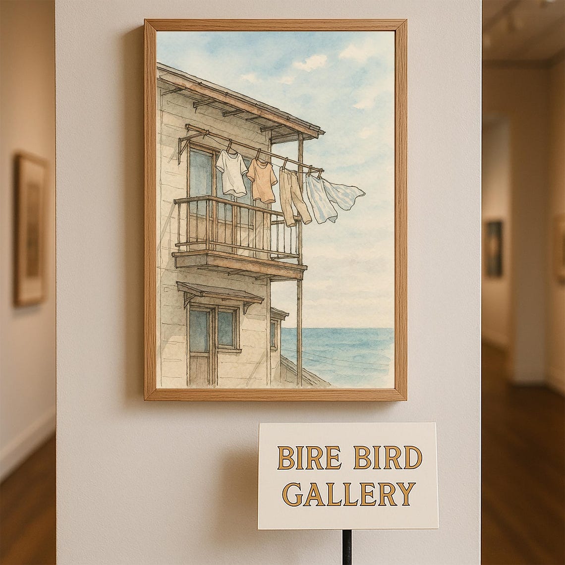 Seaside Balcony With Laundry Drying in Ocean Breeze Watercolor Poster