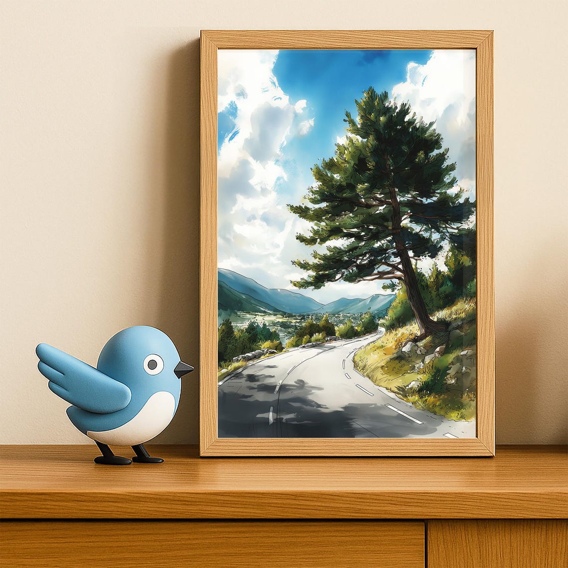 Scenic Mountain Road Pine Tree Valley Watercolor Nature Wall Art - Image 4