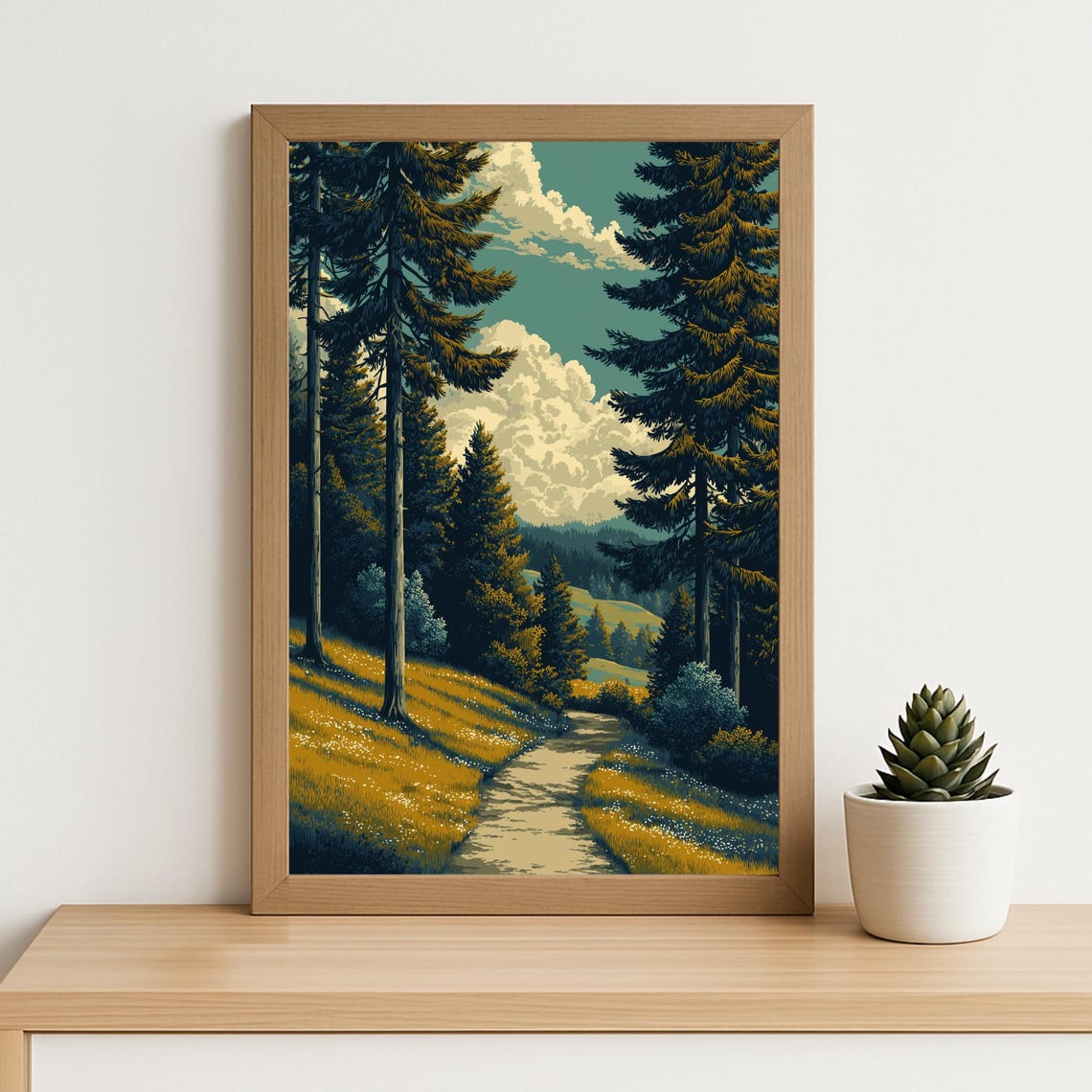Vintage Forest Path Tall Pines Golden Meadow Retro Nature Art Print