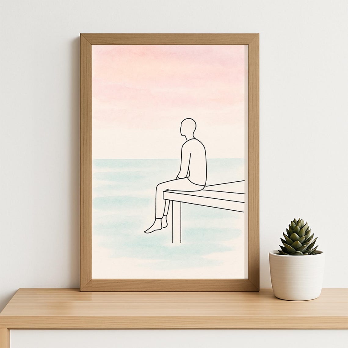 Minimalist Line Art Person on Dock Serene Ocean View Wall Art