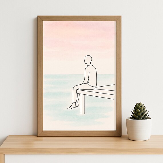 Minimalist Line Art Person on Dock Serene Ocean View Wall Art