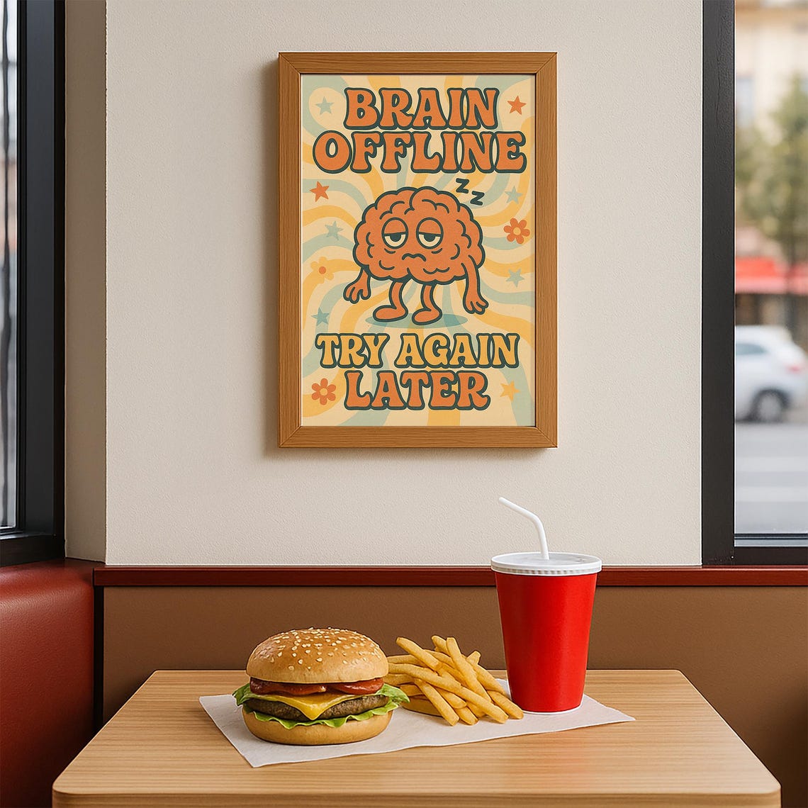 Brain Offline Try Again Later Funny Retro 70s Groovy Quote Poster - Image 4