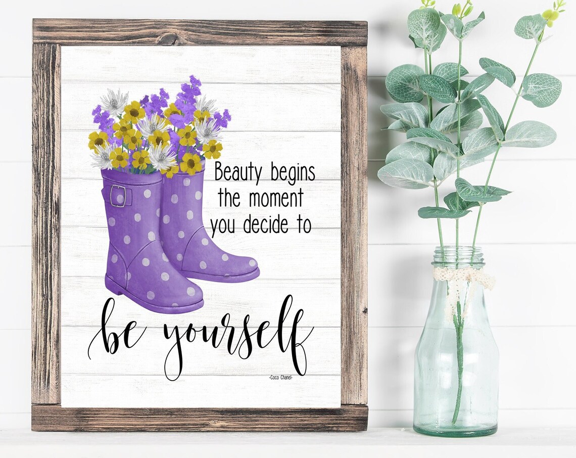 Beauty Begins Coco Chanel Quote Purple Rain Boots Floral Poster