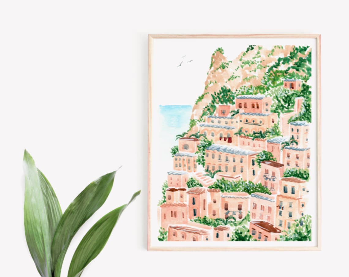 Amalfi Coast Italy Cliffside Village Watercolor Pastel Travel Poster - Image 3