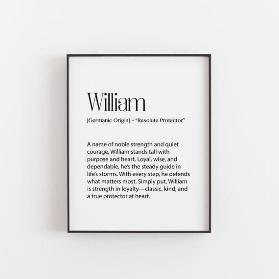 William Name Meaning Print Resolute Protector Wall Art Noble Gift For Men Germanic Nursery Office Study Decor Thoughtful Present