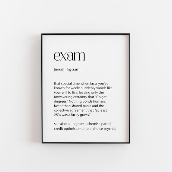 Funny Exam Definition Student Humor College Dorm Quote Wall Print