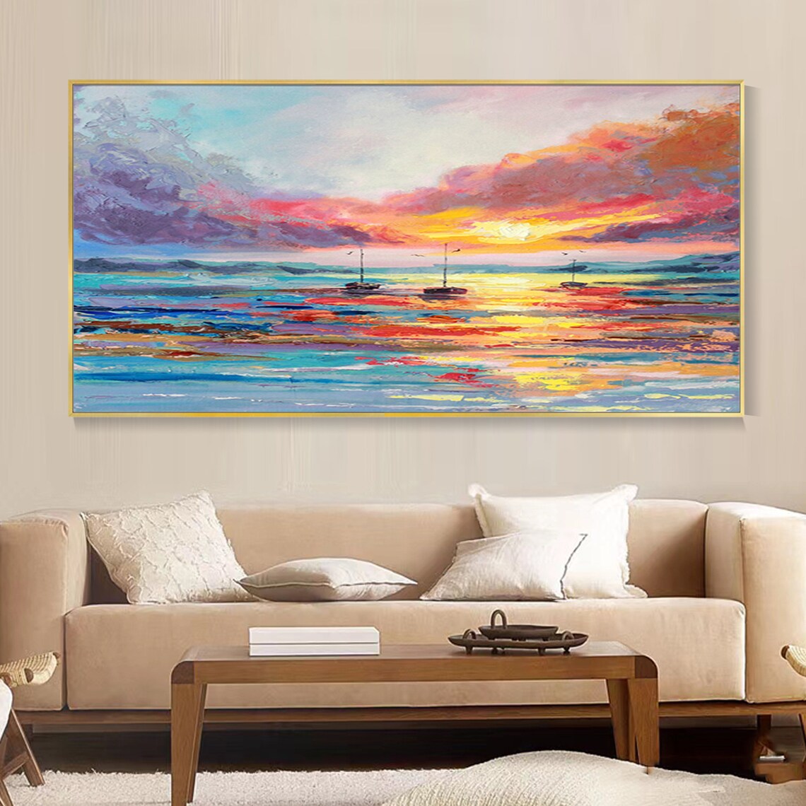 Vibrant Sunset Seascape Sailboats Ocean Reflections Oil Painting Poster - Image 2