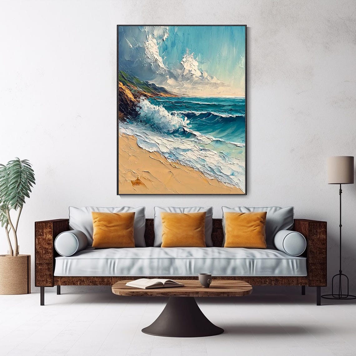 Sandy Beach Ocean Waves Crashing Cliffs Turquoise Seascape Art Poster - Image 4