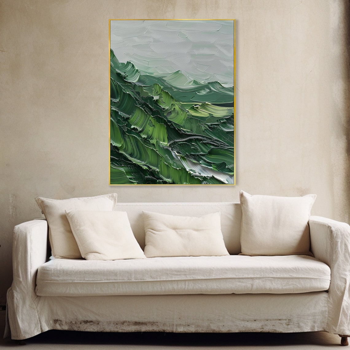 Emerald Green Mountain Ridges Misty Textured Landscape Art Poster - Image 3