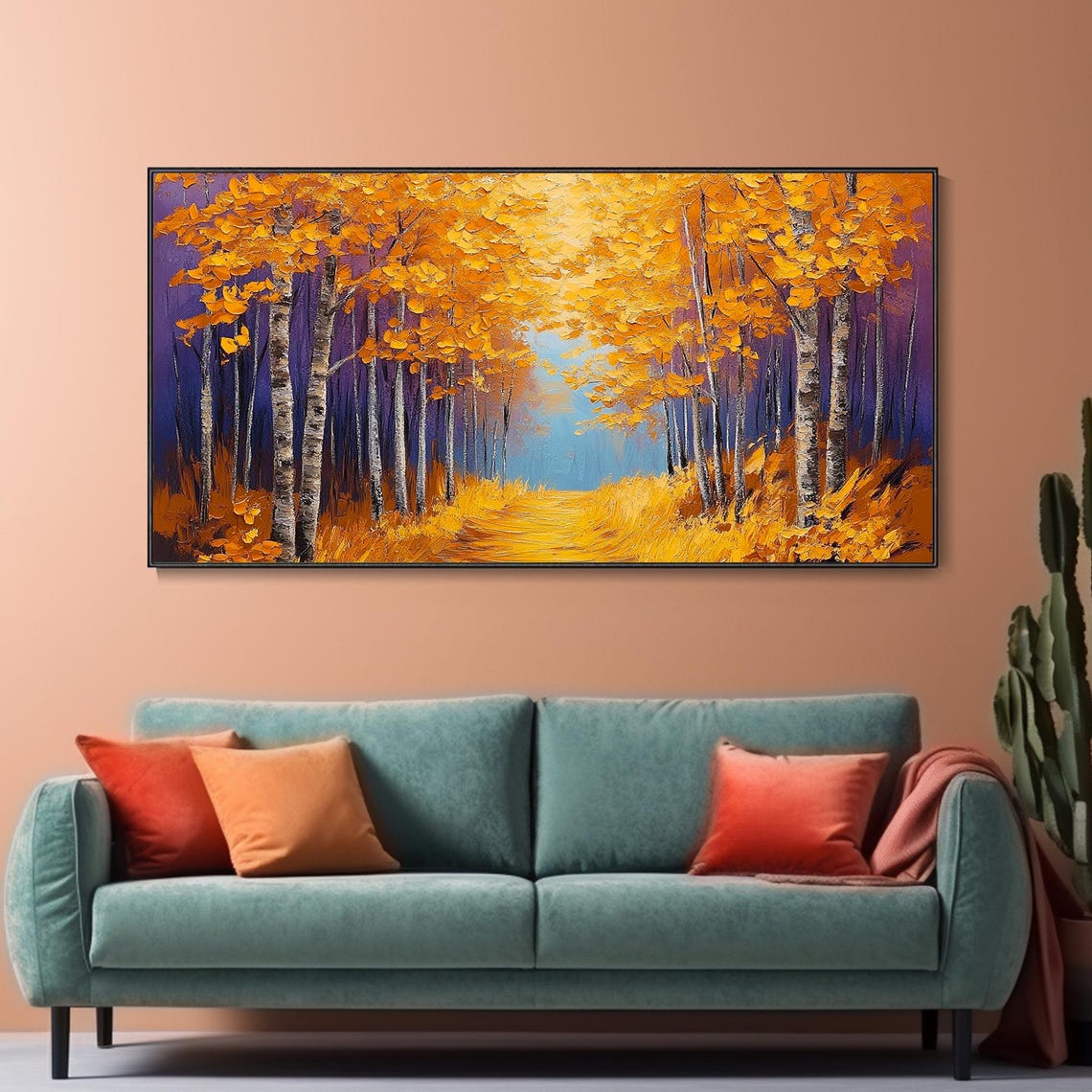 Golden Autumn Birch Forest Path Sunlit Fall Landscape Art Poster - Image 2