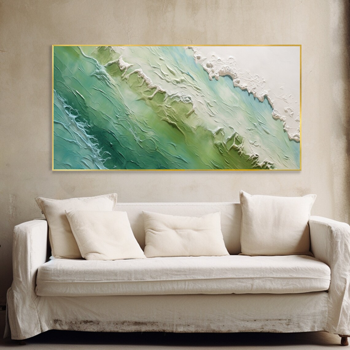 Emerald Green Waves Abstract Seascape White Foam Textured Oil Painting Wall Art - Image 3
