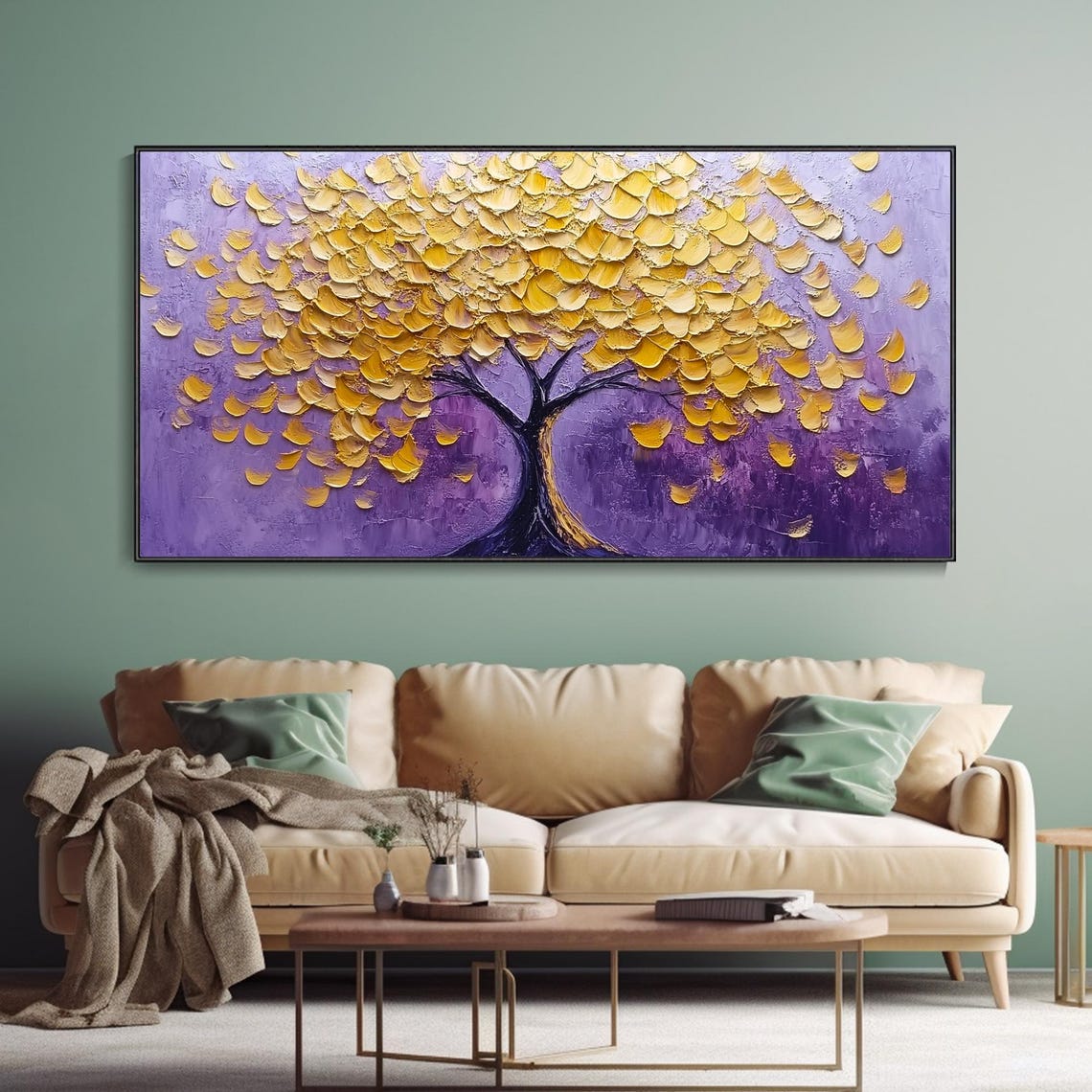 Golden Tree On Purple Background Textured Botanical Art Poster - Image 3