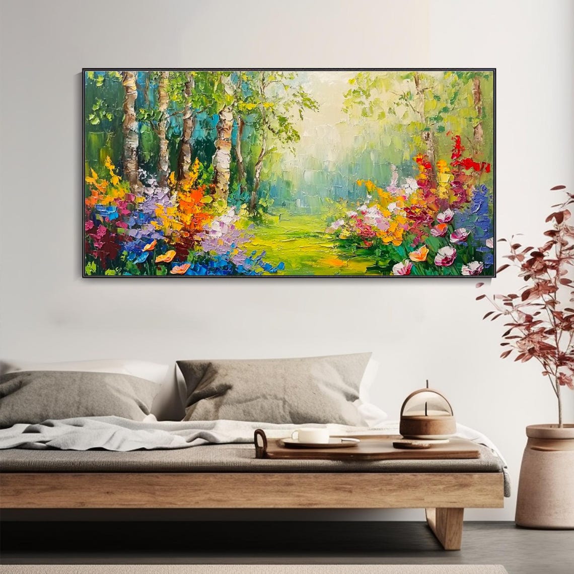 Birch Tree Garden Path Colorful Wildflowers Spring Nature Art Poster - Image 5