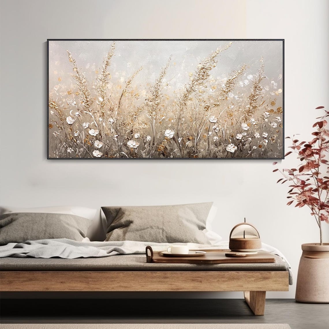 White Wildflowers And Gold Field Textured Rustic Meadow Art Poster - Image 5