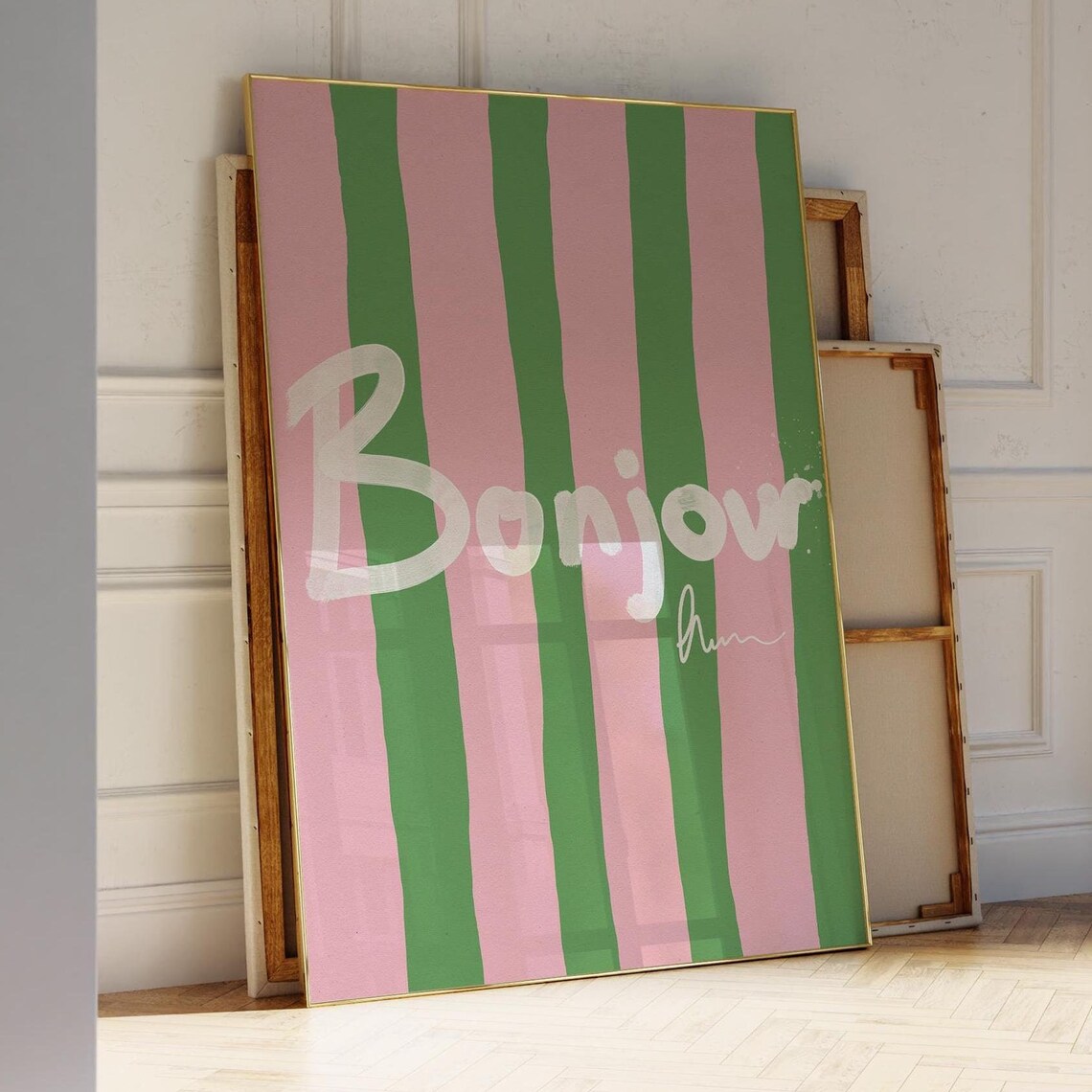 Chic Bonjour Pink and Green Striped French Typography Wall Art