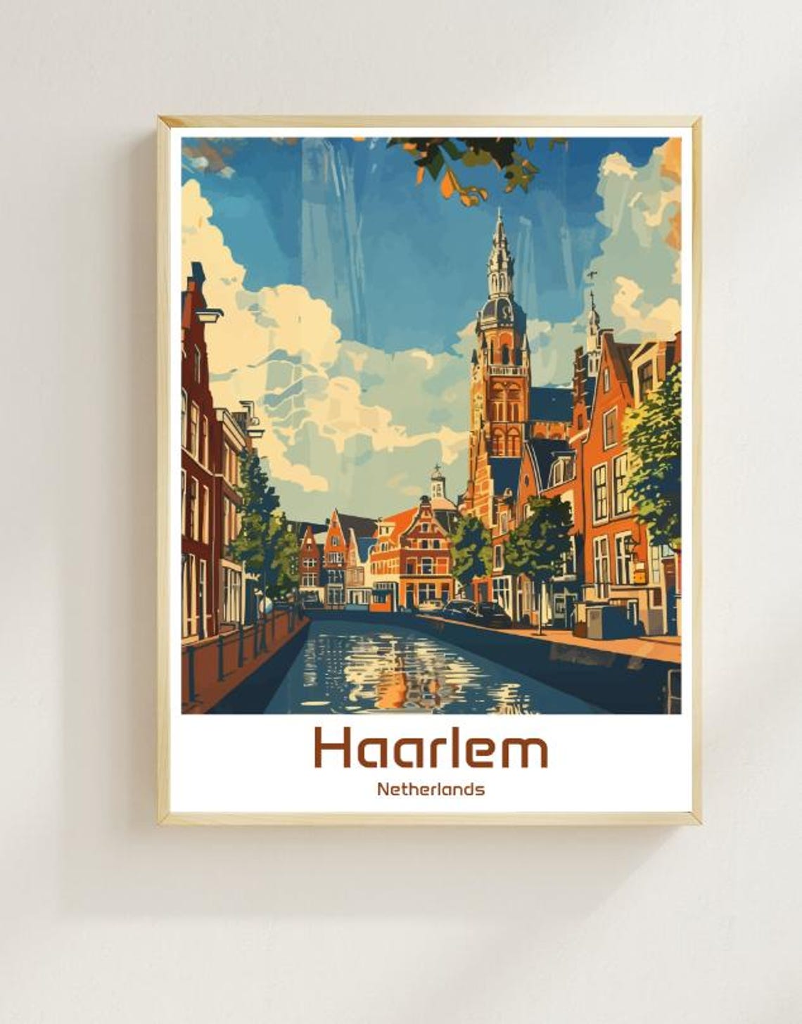 Haarlem Netherlands Canal Grote Kerk Sunny Blue Sky Day Poster