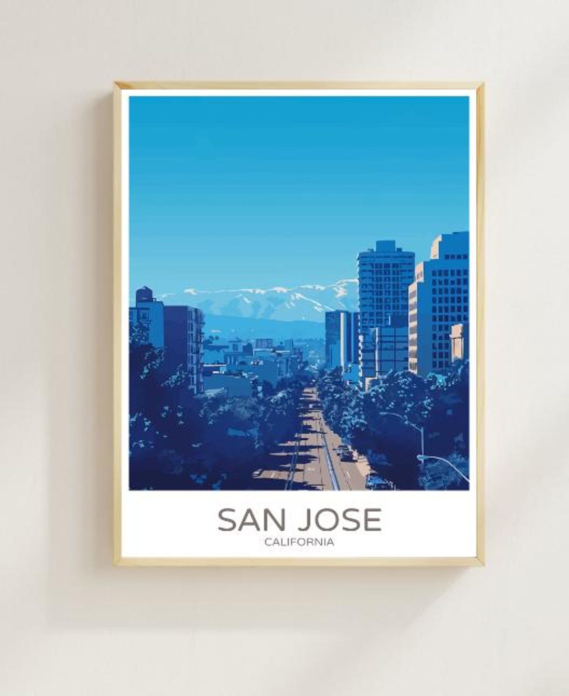 San Jose California Downtown Street Poster With Mountain Backdrop
