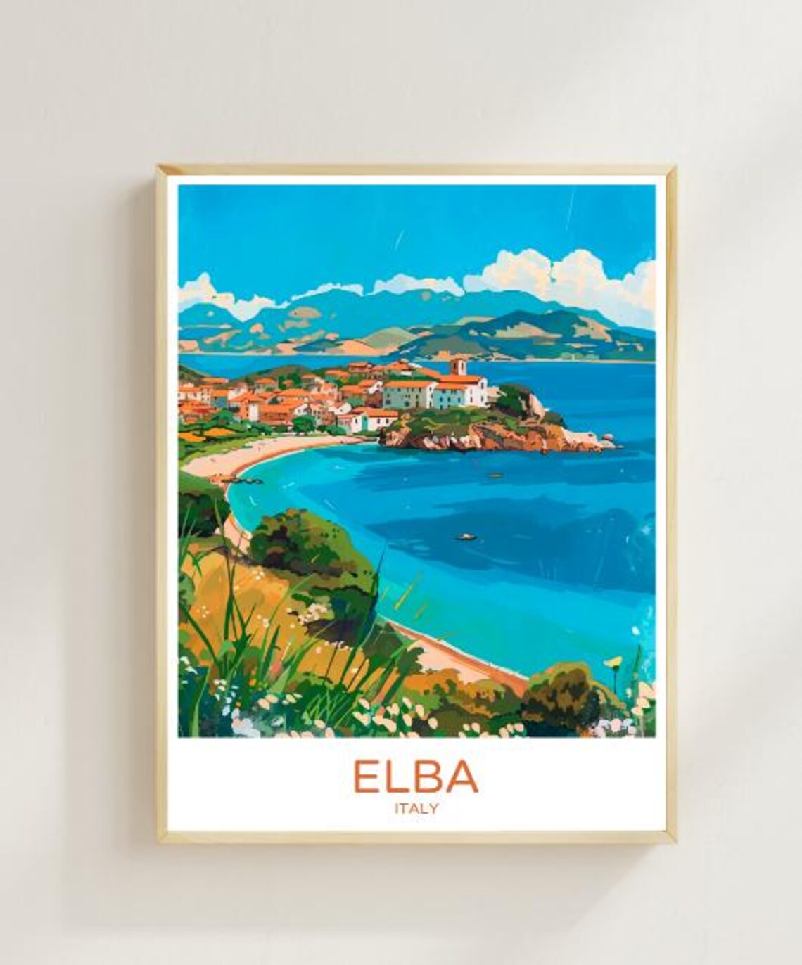 Elba Italy Turquoise Bay and Coastal Village Vintage Travel Poster
