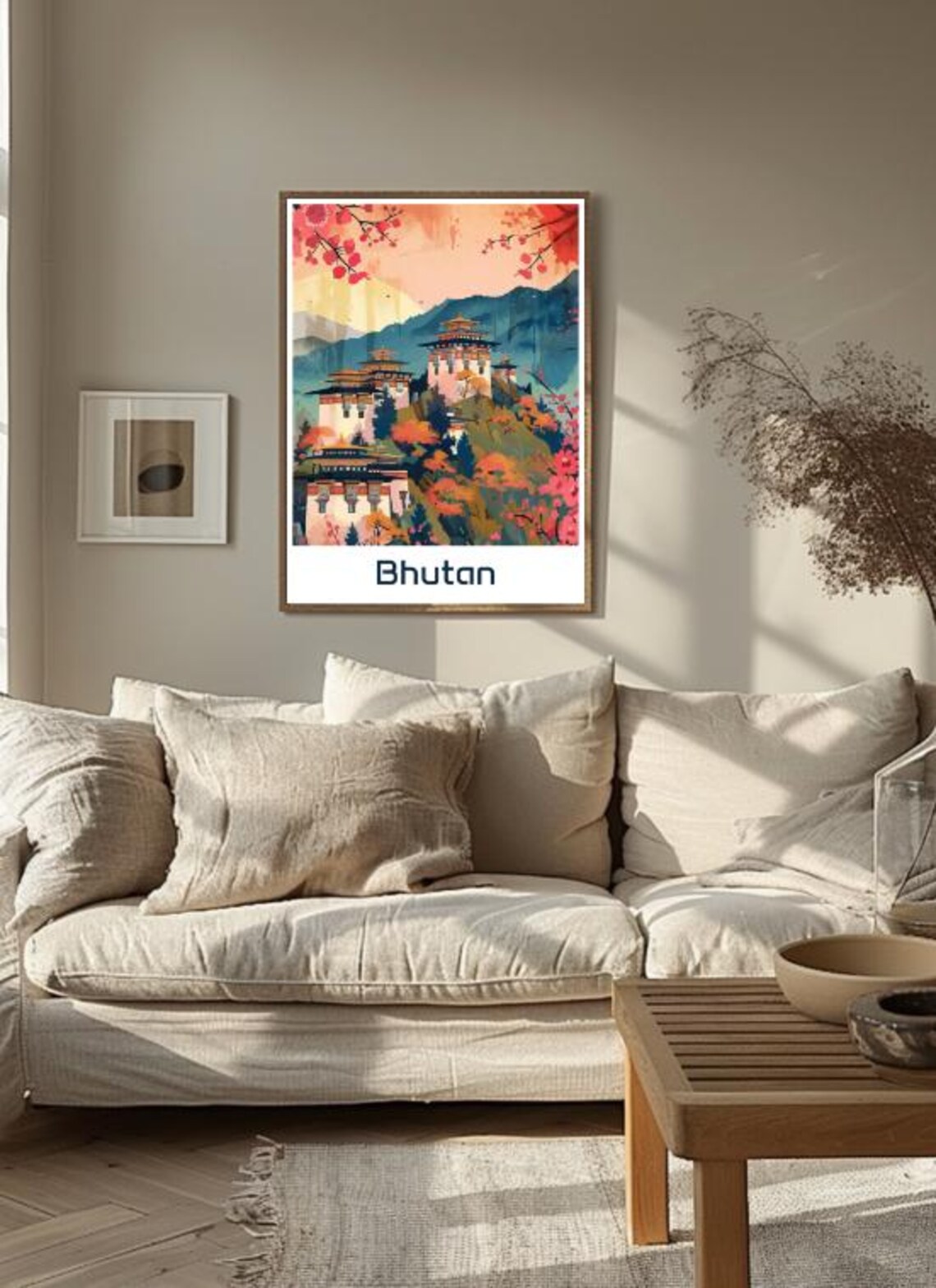 Bhutan Himalayan Monastery Autumn Blossom Vintage Travel Poster - Image 3