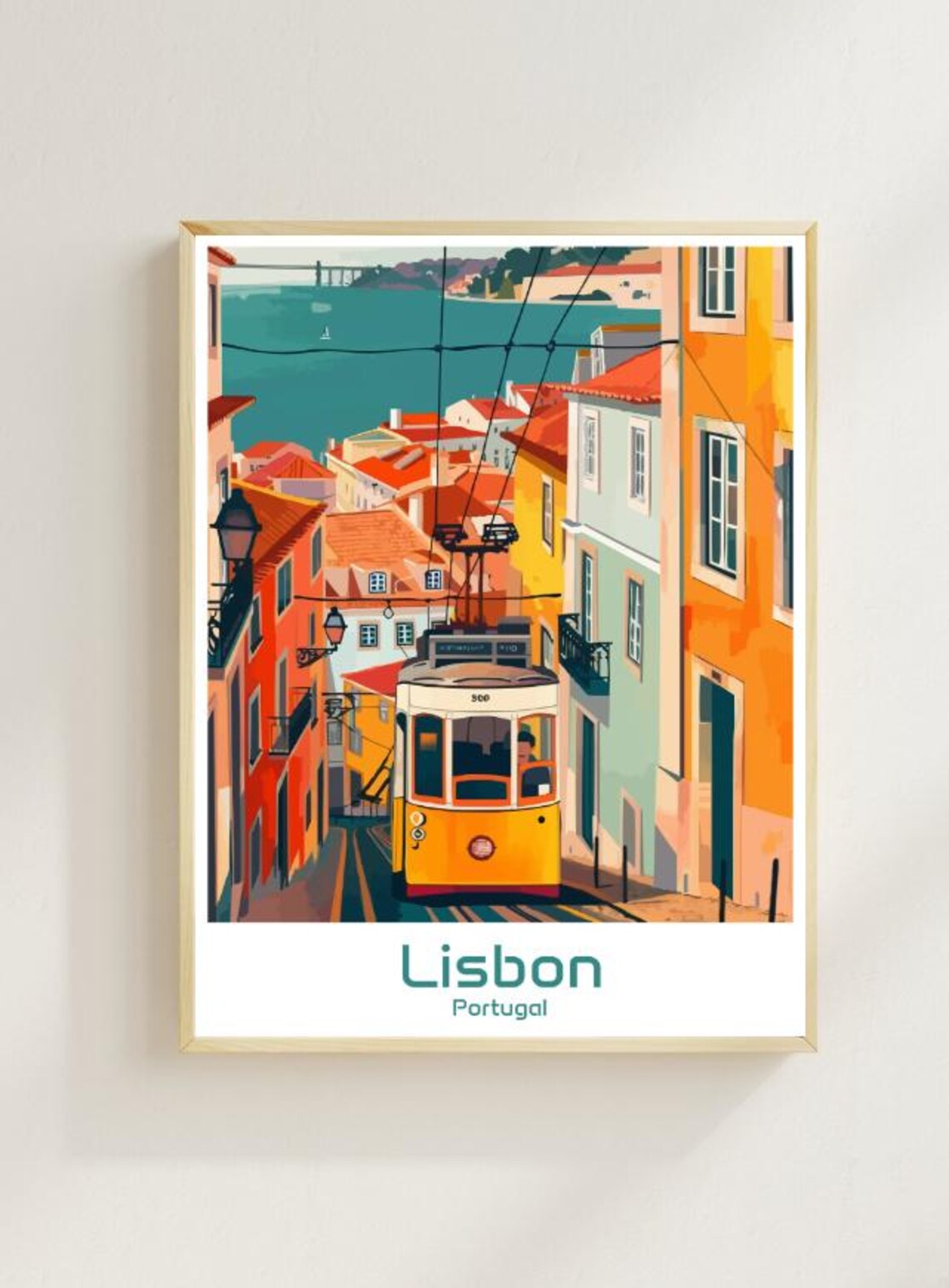 Lisbon Portugal Yellow Tram Alfama Street Vintage Travel Poster