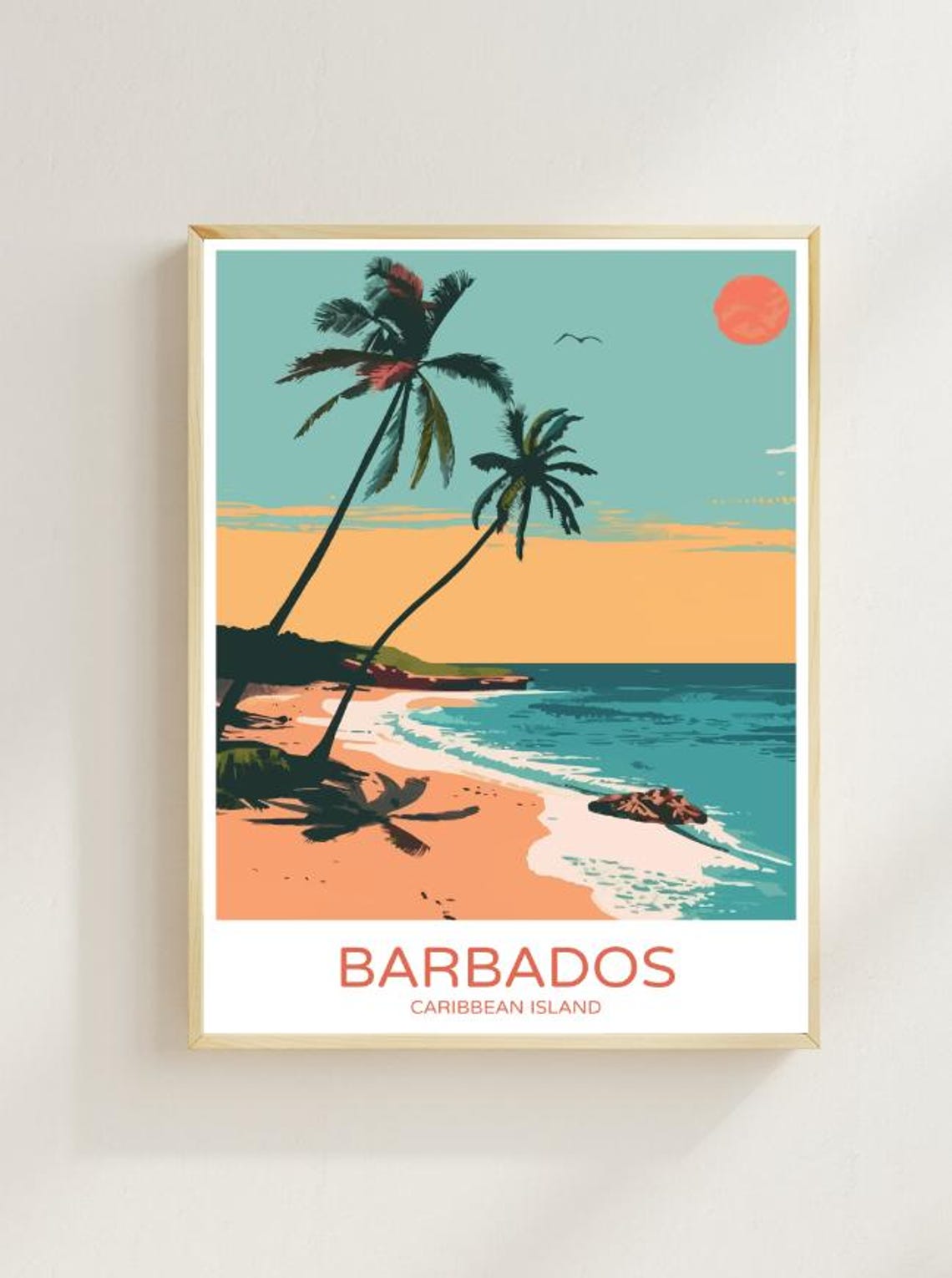 Barbados Caribbean Island Leaning Palm Beach Sunset View Poster