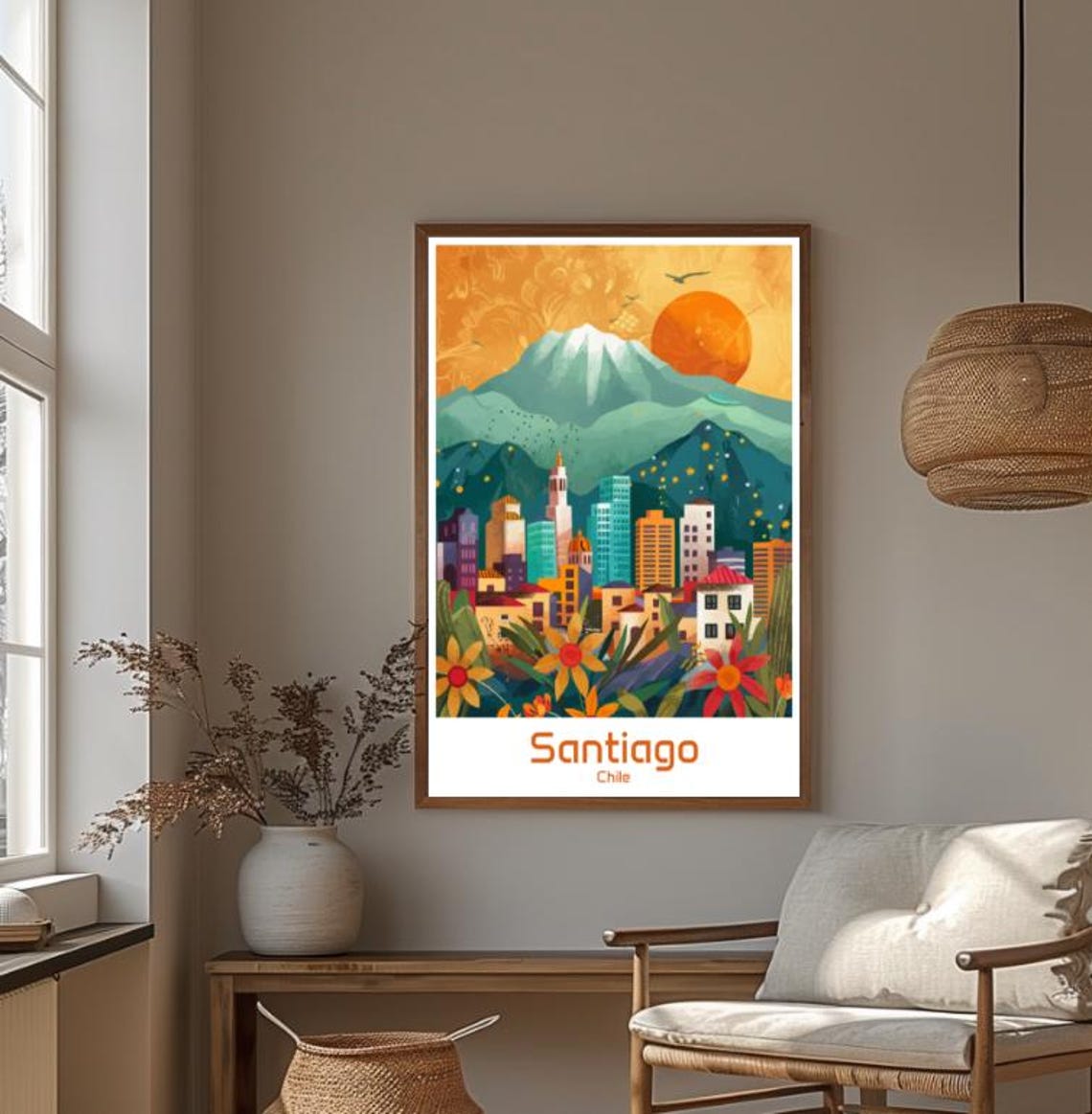 Santiago Chile Andes Skyline Sunset Floral Latin City Art Poster - Image 4
