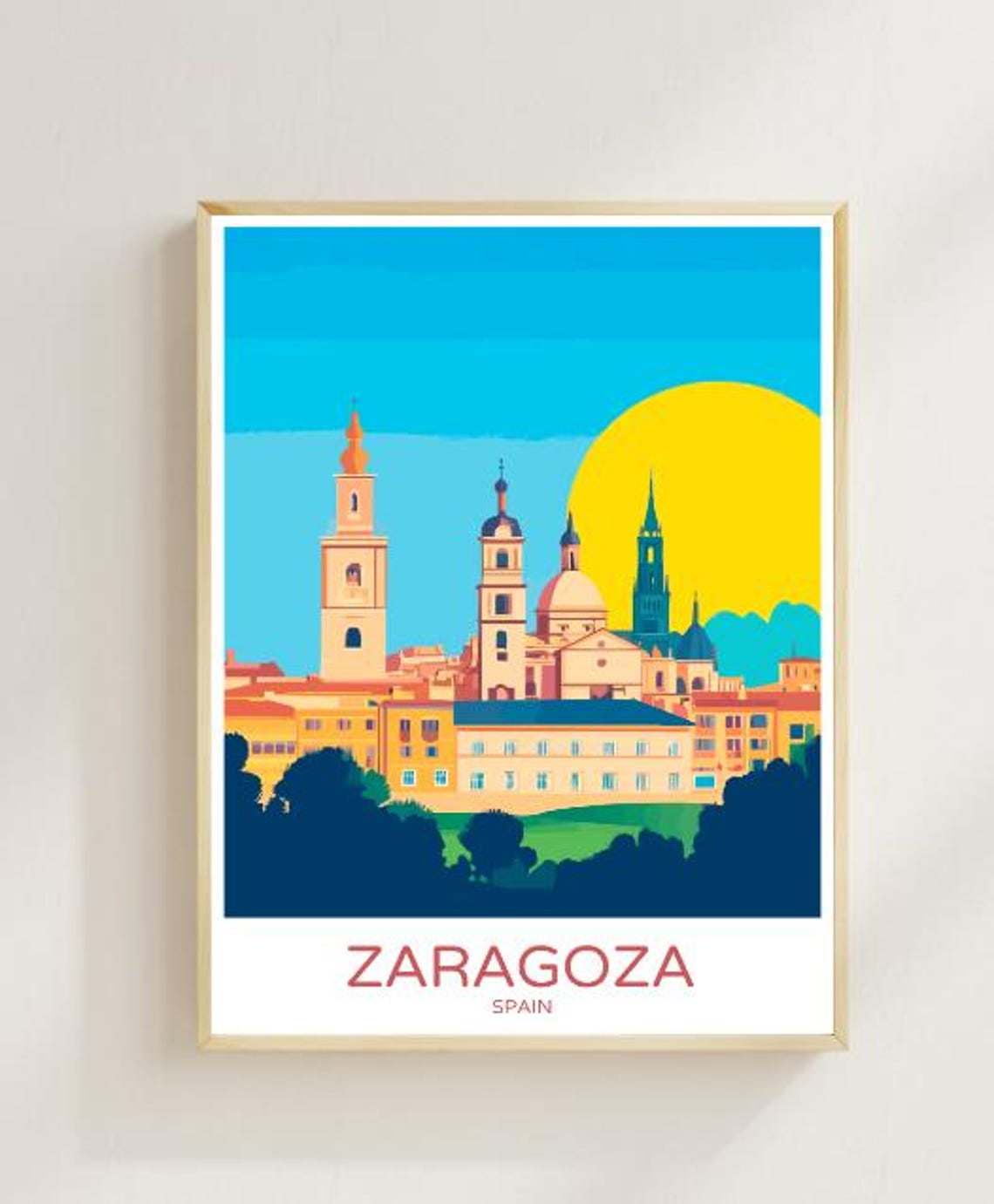 Zaragoza Spain Basilica Towers Sunset Skyline Vintage Travel Poster