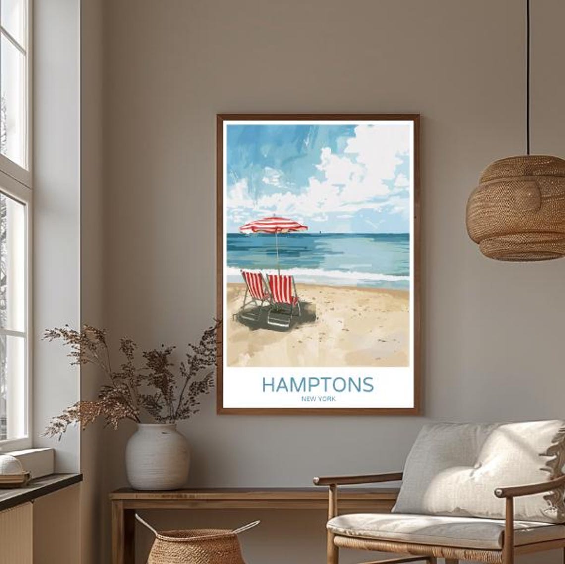 Hamptons New York Beach Day Poster With Striped Umbrella Chairs Sand - Image 3