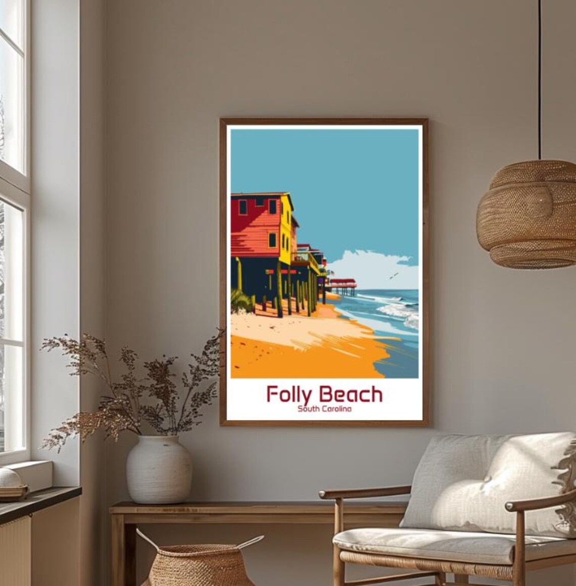 Folly Beach South Carolina Stilt Houses Pier Retro Travel Poster - Image 4