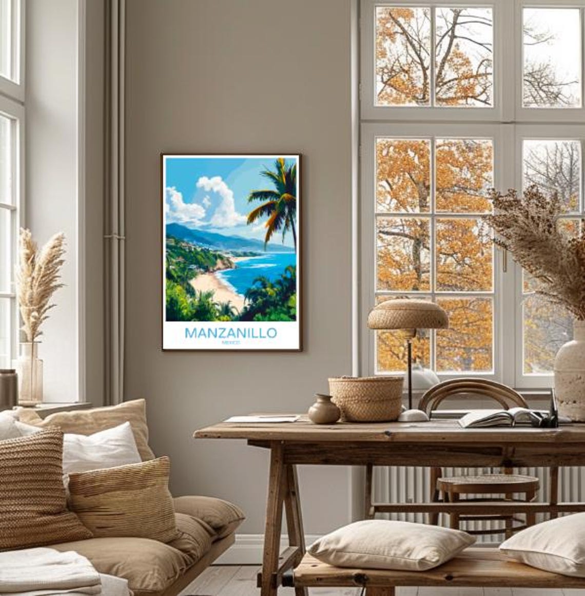 Manzanillo Mexico Tropical Beach Palms Blue Bay Coastline Poster - Image 4