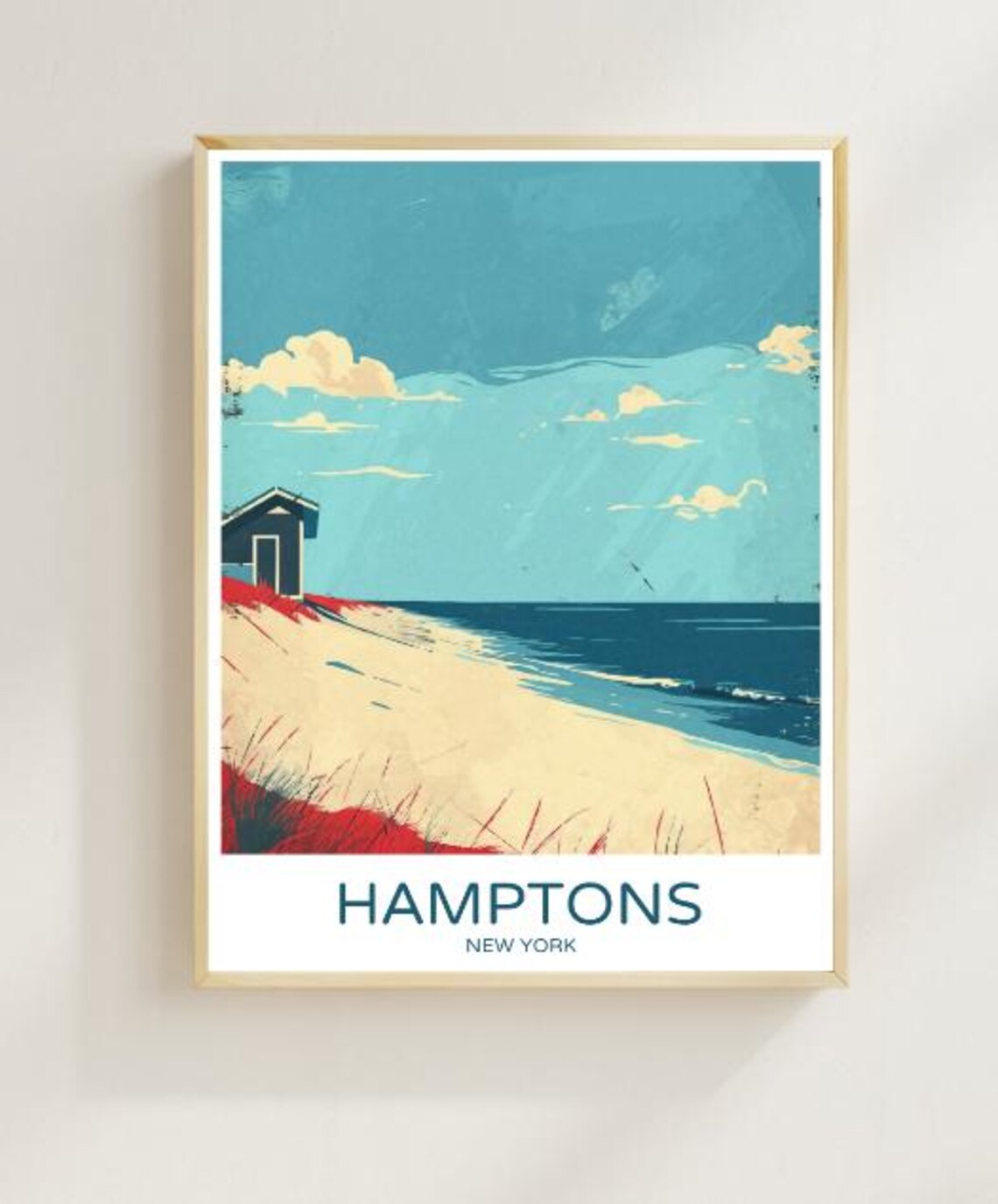 Hamptons New York Beach Dune Hut and Red Grass Travel Poster