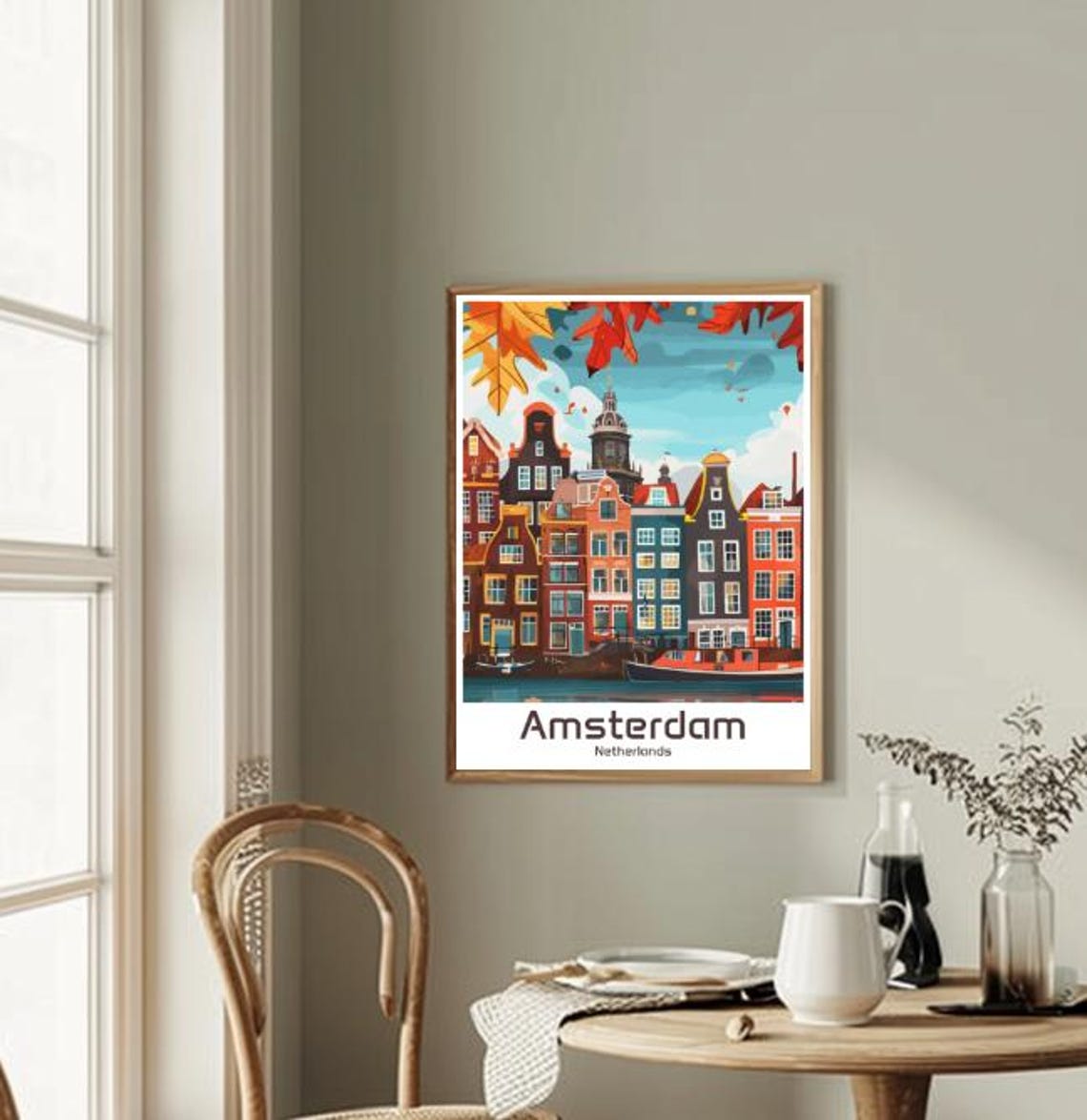 Amsterdam Netherlands Canal Houses Falling Autumn Leaves Poster - Image 2